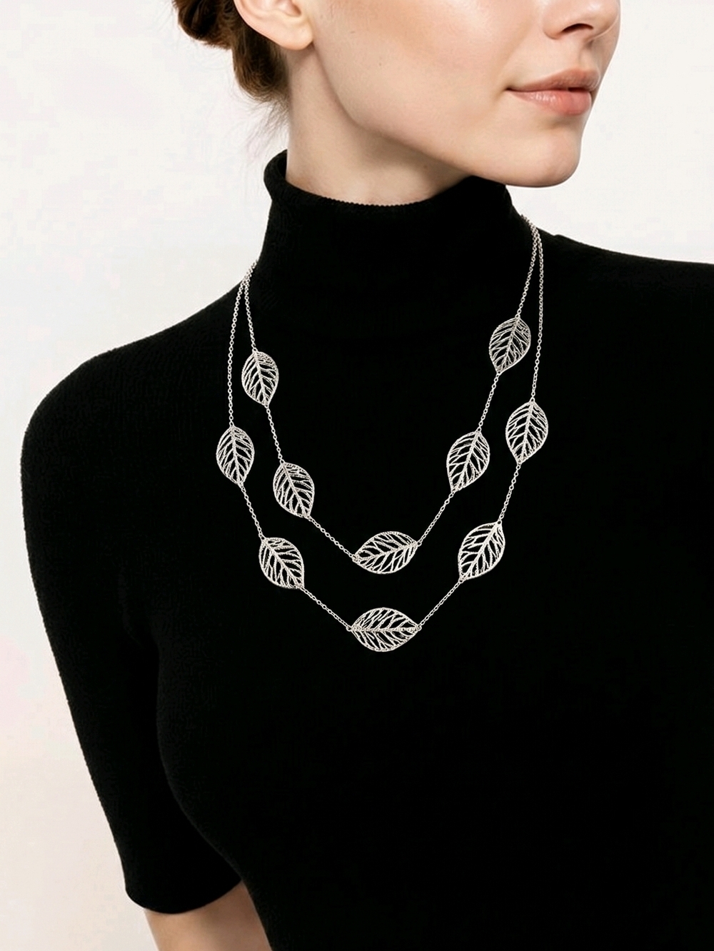 NWT nadineWest Double Strand Silver Fillagree Leaf Necklace ~30"